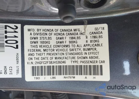 2018 Honda Civic Lx из США, поврежденный, VIN 2HGFC2F58JH536046